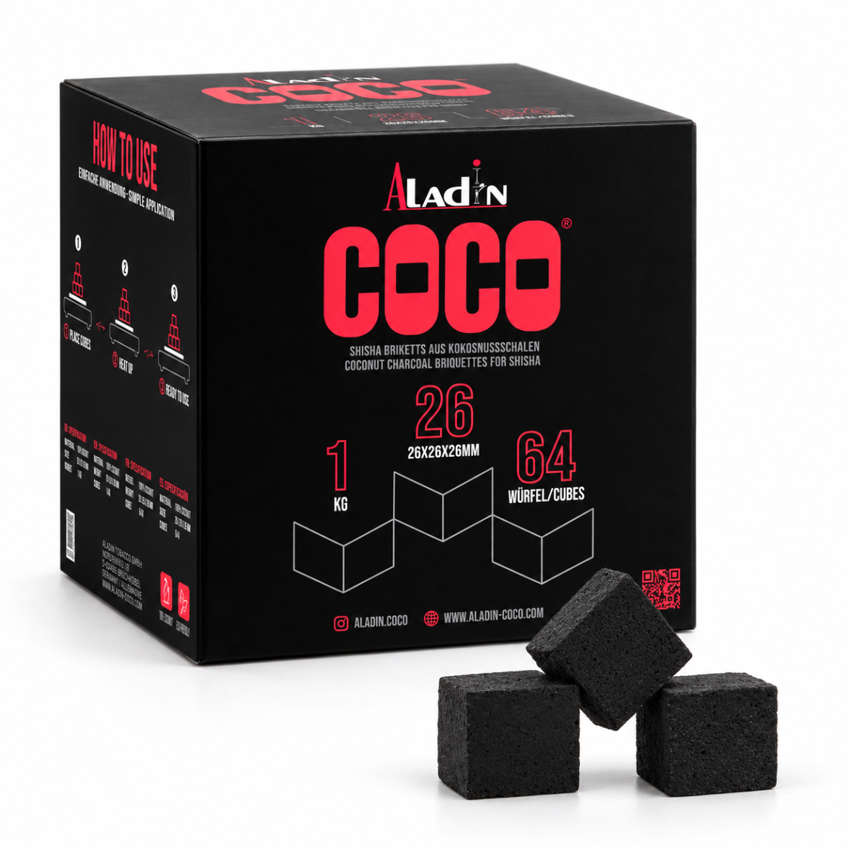 Charbon naturel Aladin Coco 26 mm – Boîte de 1 kg / 64 cubes