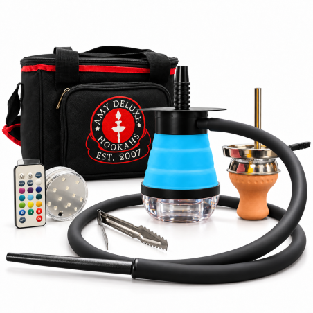 Chicha AMY DELUXE Bubble Bag bleue avec sac de transport, foyer, tuyau, pince et éclairage LED